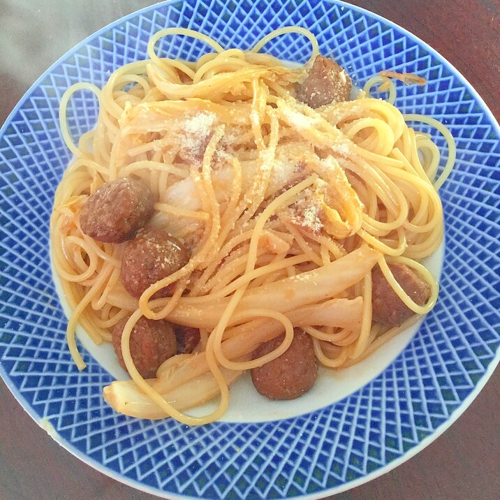 イシイのミートボールと白菜のパスタ 今日の献立 レシピ 作り方 By とりあえず乾杯 楽天レシピ